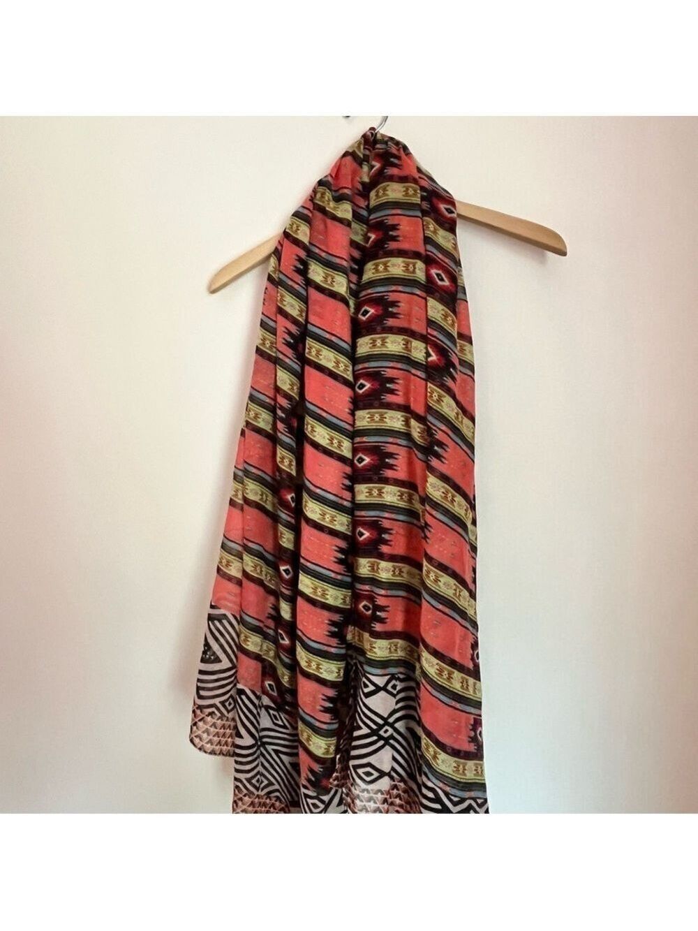 Boho Tribal Print Lightweight Scarf - Coral & Black